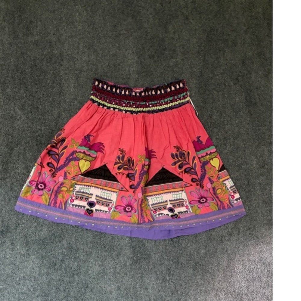 Rosa Pink Cotton Boho Folk Art Print Festival  Mini Skirt with Embroidery Size L
